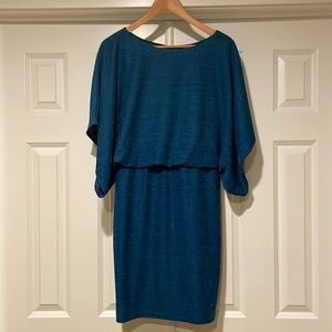 Jessica Howard Metallic Stripe Boat Neck Dolman Elbow Short Sleeve Blouson Dress